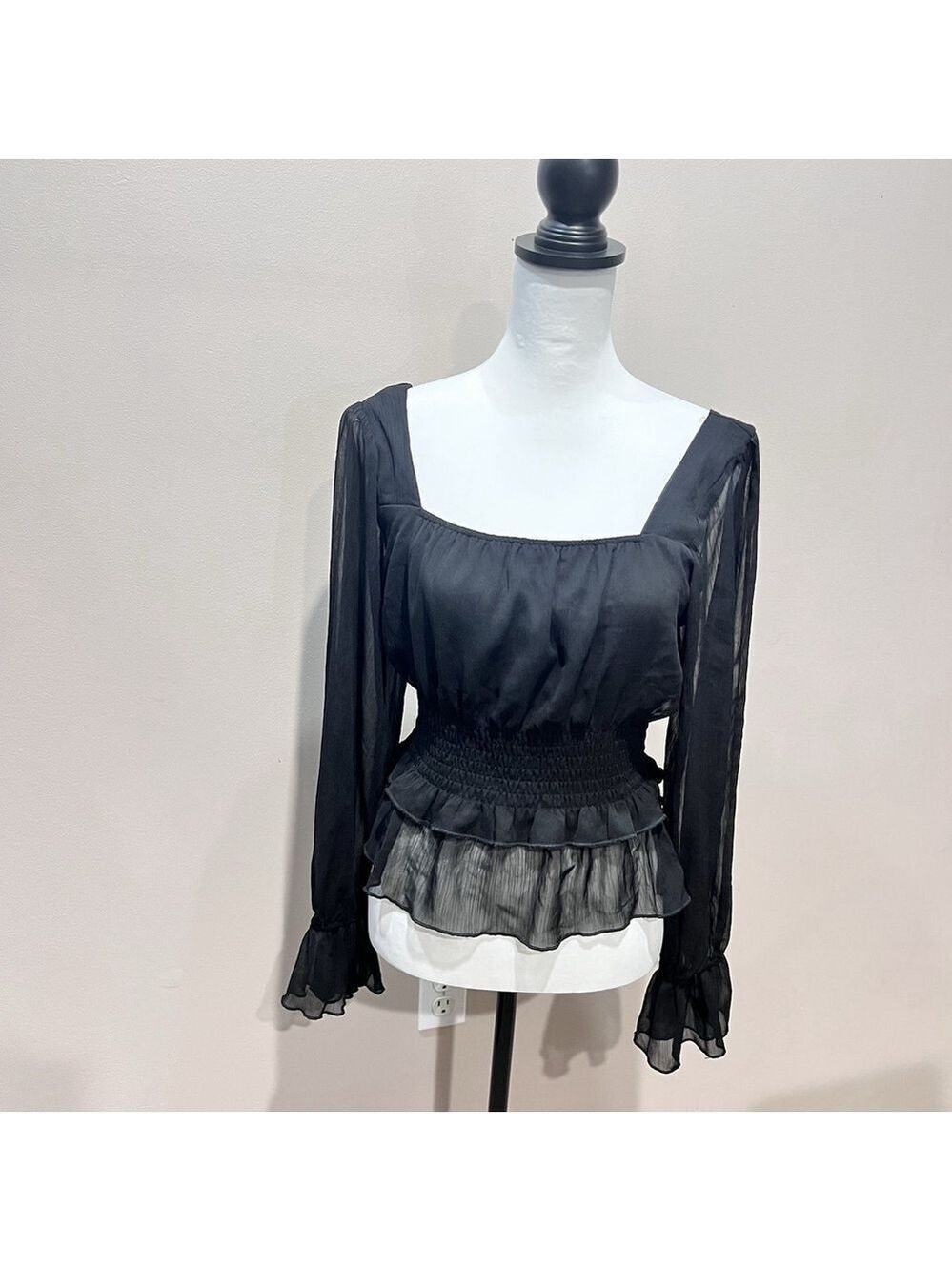 HYFVE Crop Top Black Long Sleeve Large Smocked Puff Sleeve Cottagecore Milkmaid